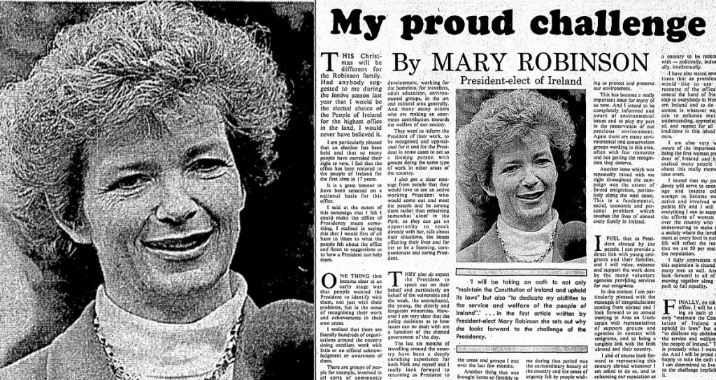 Mary Robinson elected president of Ireland 