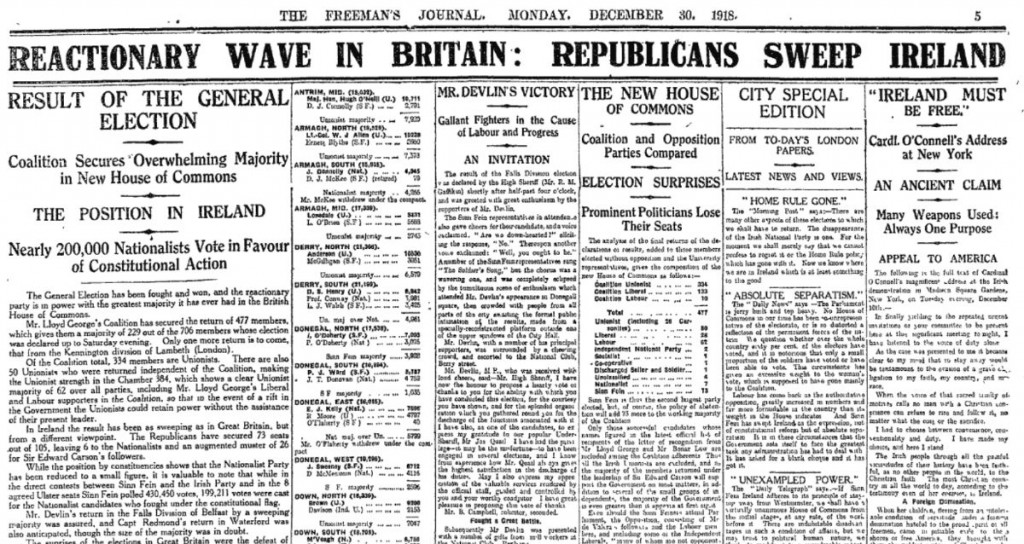 On this day in 1918 the results of the General Election in Ireland gave Sinn Fein 