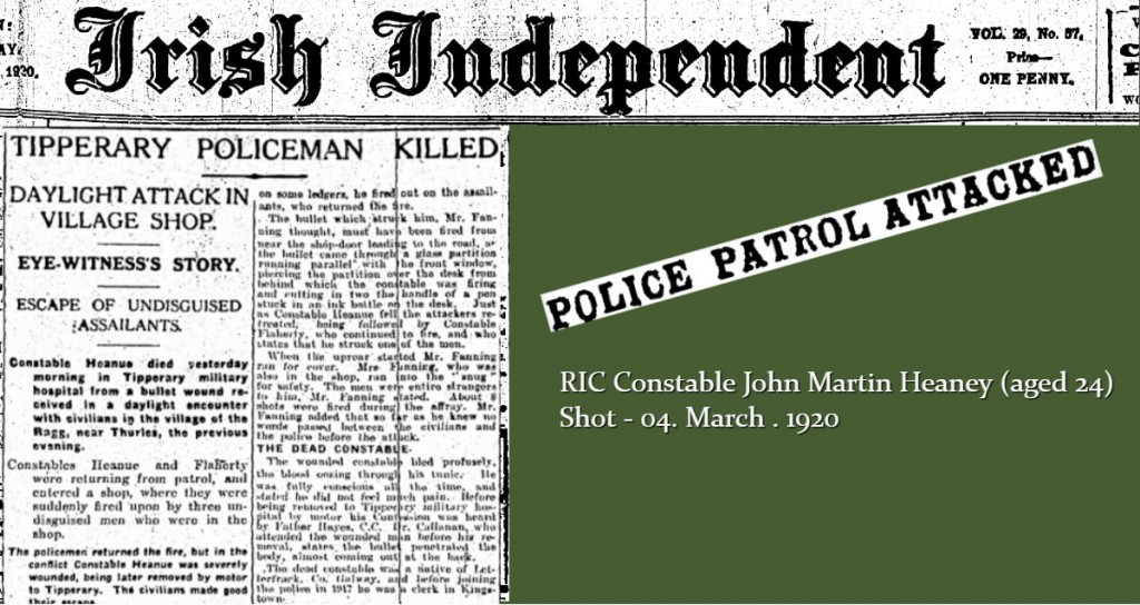 RIC Constable John Martin Heaney aged 24 shot dead